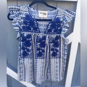 Savanna Jane Navy & White Embroidered Flutter Sleeve Top